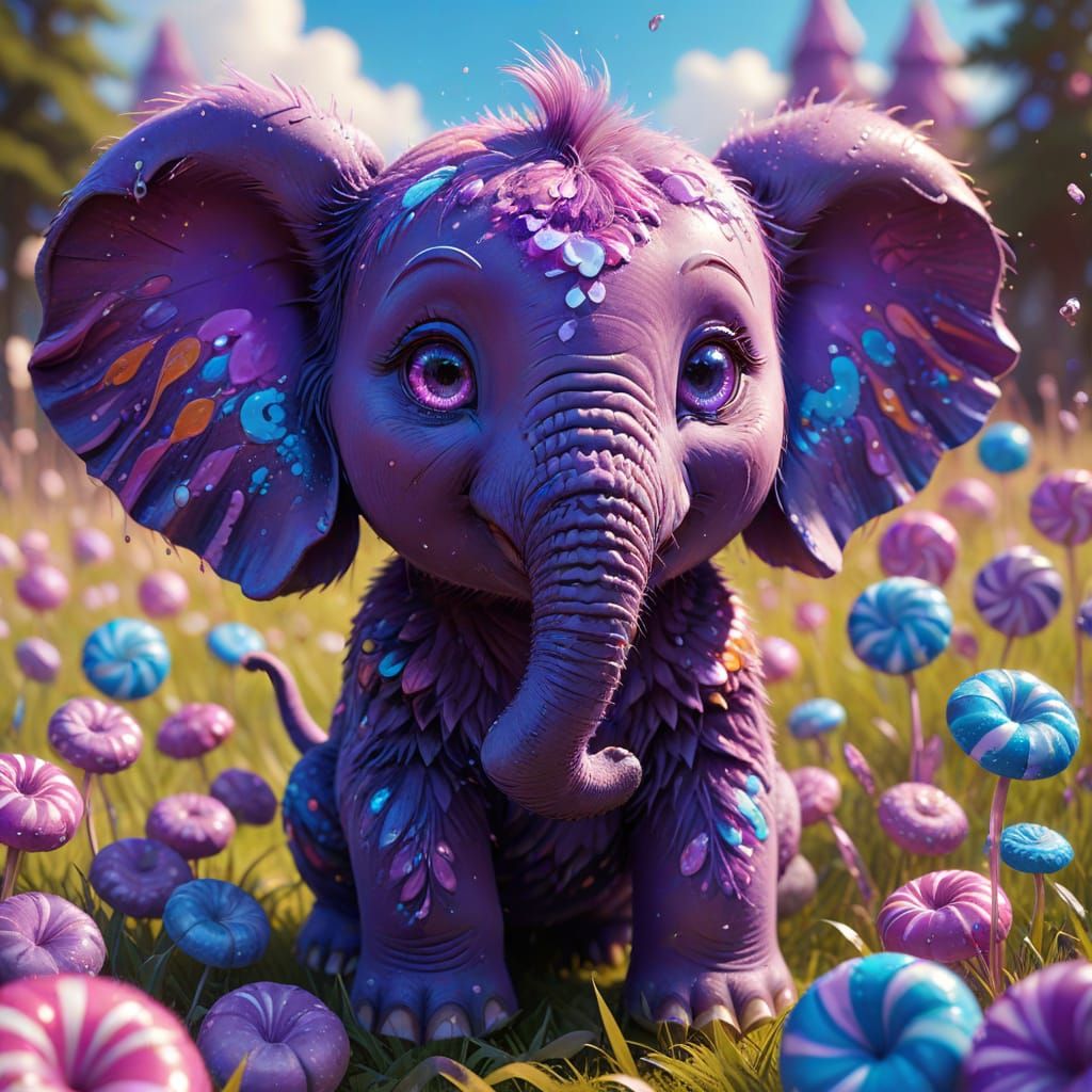 Psychedelic Chibi Purple Elephant in Candyland Meadow