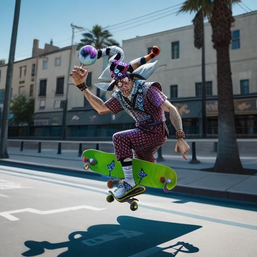 Mythical Harlequin Clown Teleporting on Skateboard