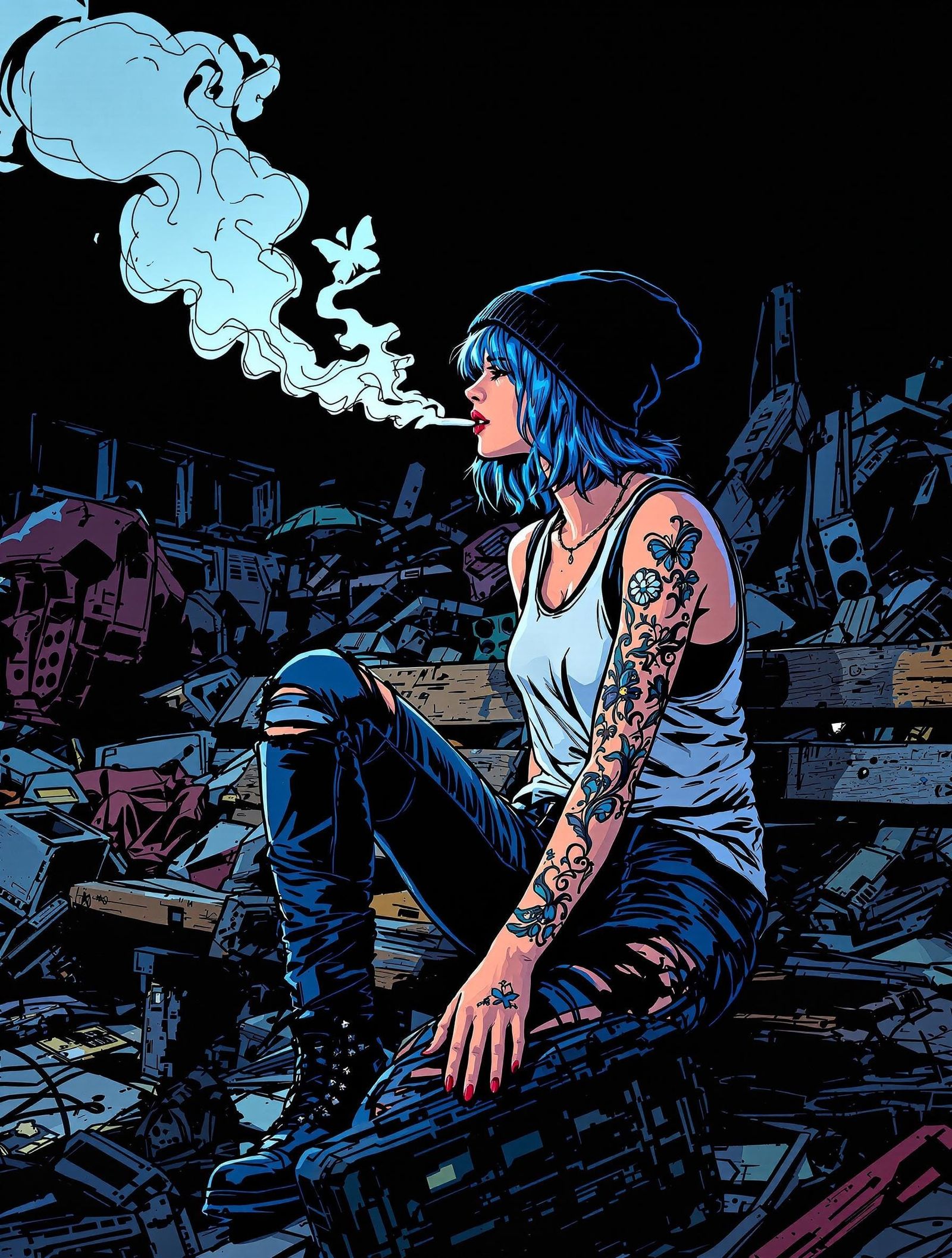 Gritty Junkyard Woman Smokes in Vibrant Cel-Shaded Style