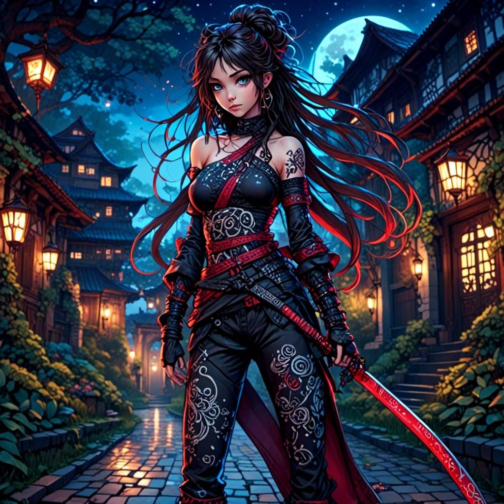 Whimsical Punk Female Ninja in Temple Courtyard