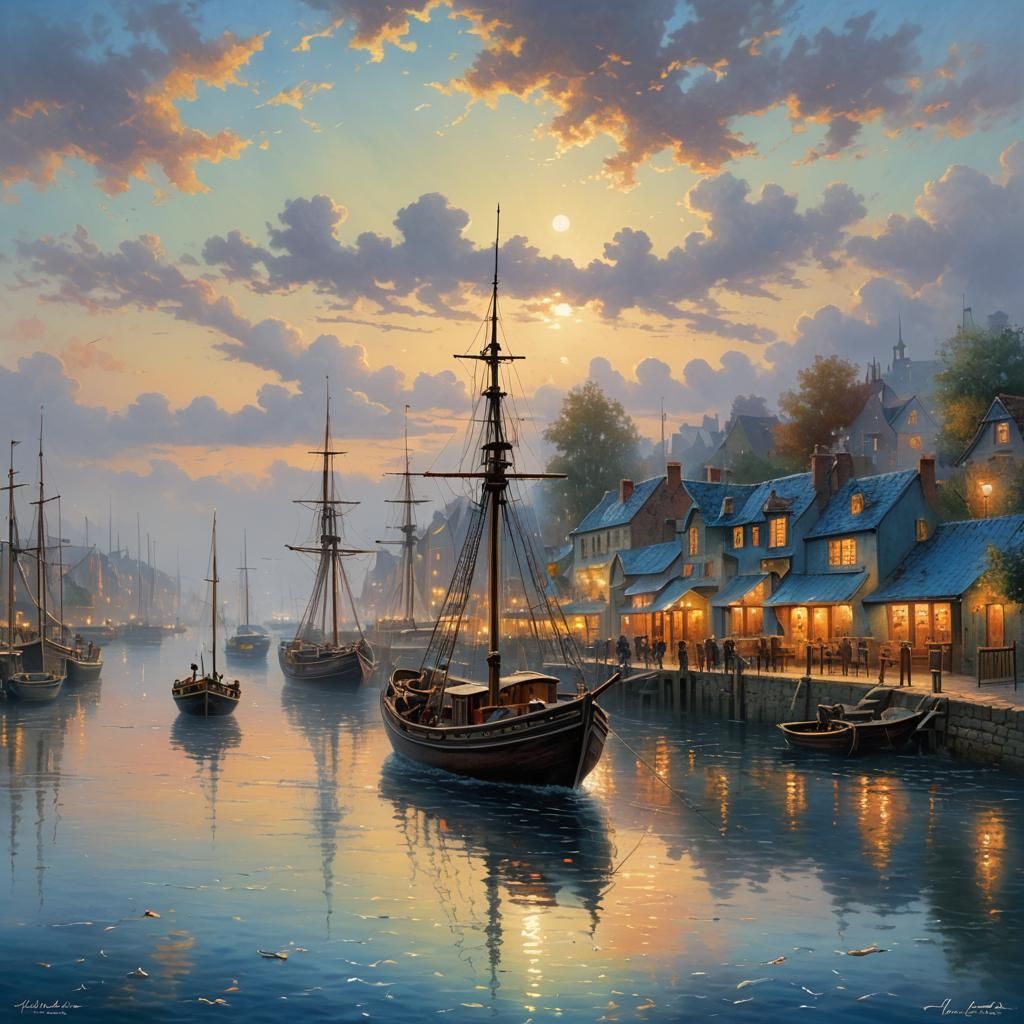 Sunny Fishing Port at Sunset in Fantasy Style