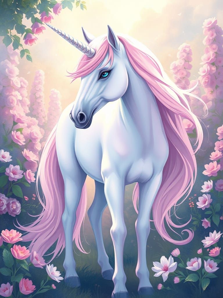 Unicorn Mare in a Blooming Garden
