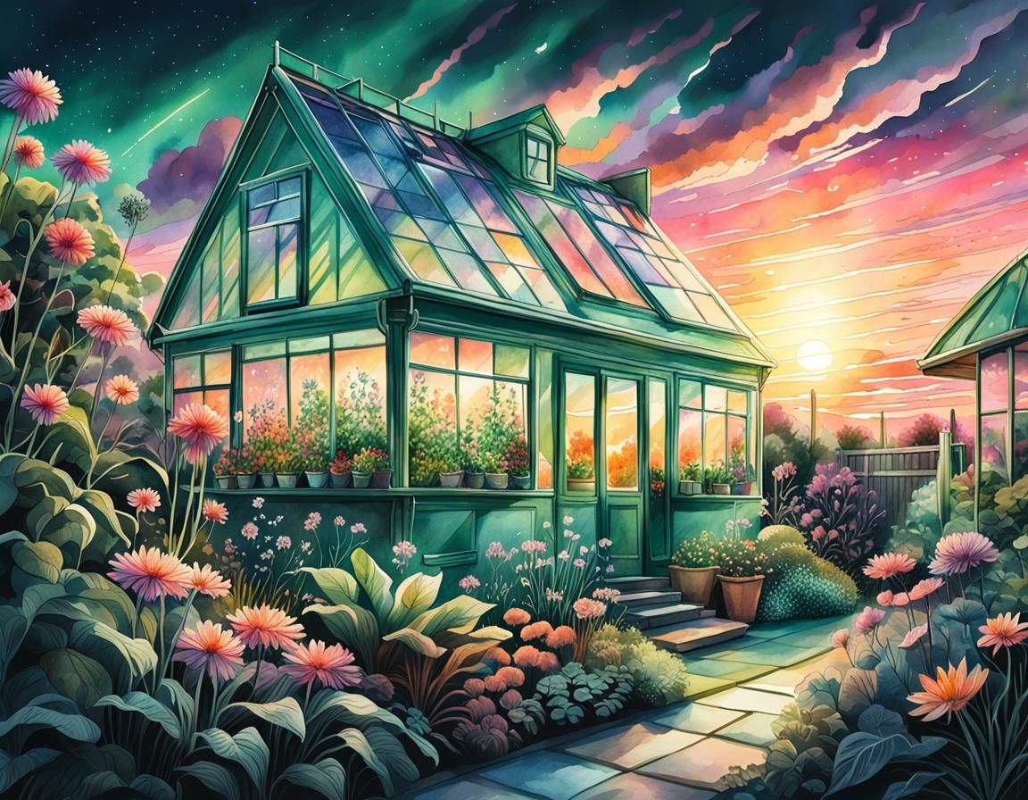 Greenhouse Garden at Sunset: Watercolor Art Nouveau
