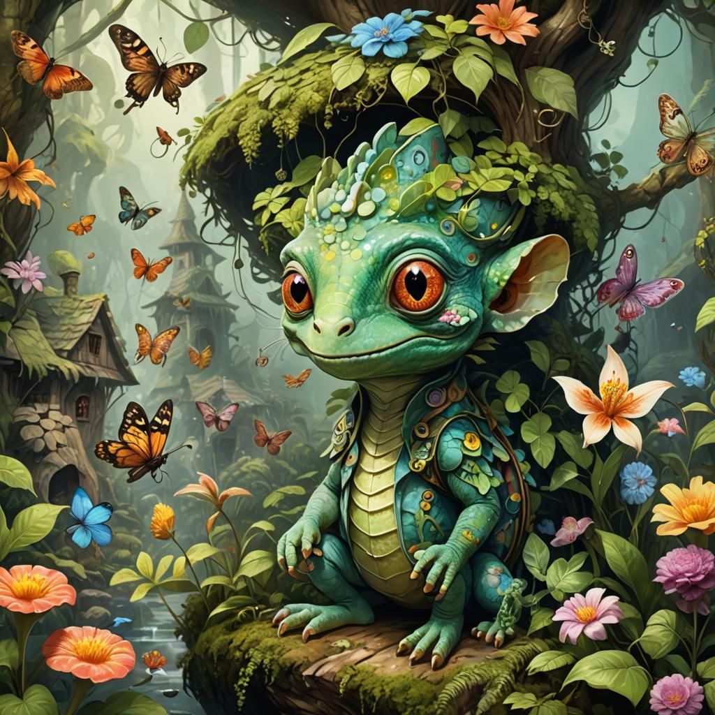 Chibi Chameleon Portrait in Forest Landscape