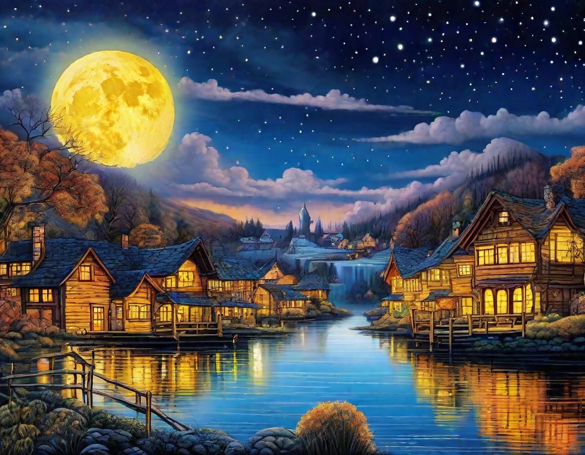 Fantasy Lake Village with Oversized Moon, Hyperdetailed Art
