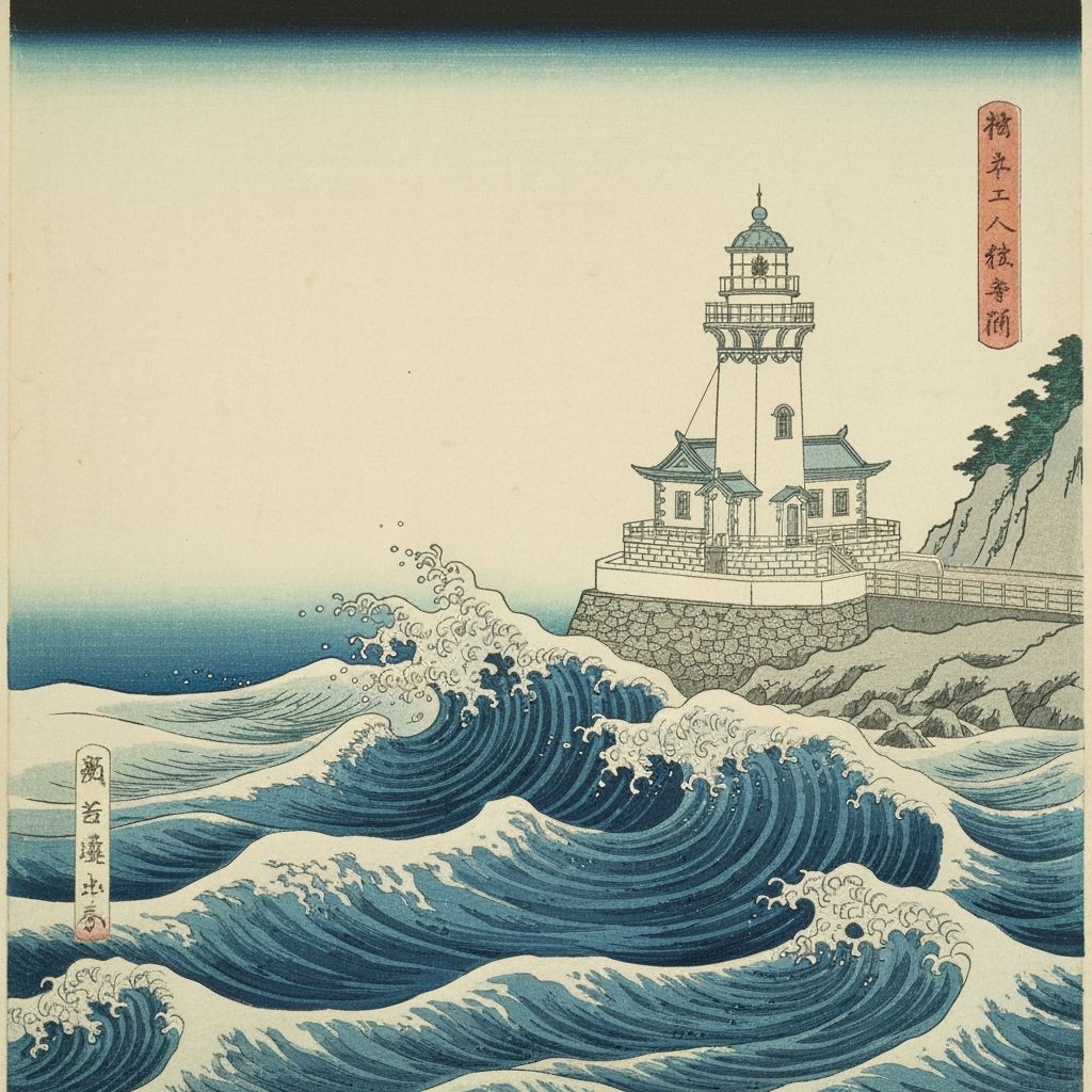 Ukiyo-e Lighthouse Print with Crashing Waves