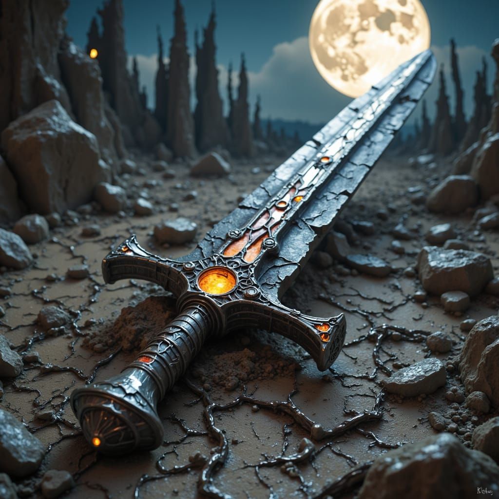 Ethereal Moonlit Sword in a Barren, War-Torn Landscape, in a...