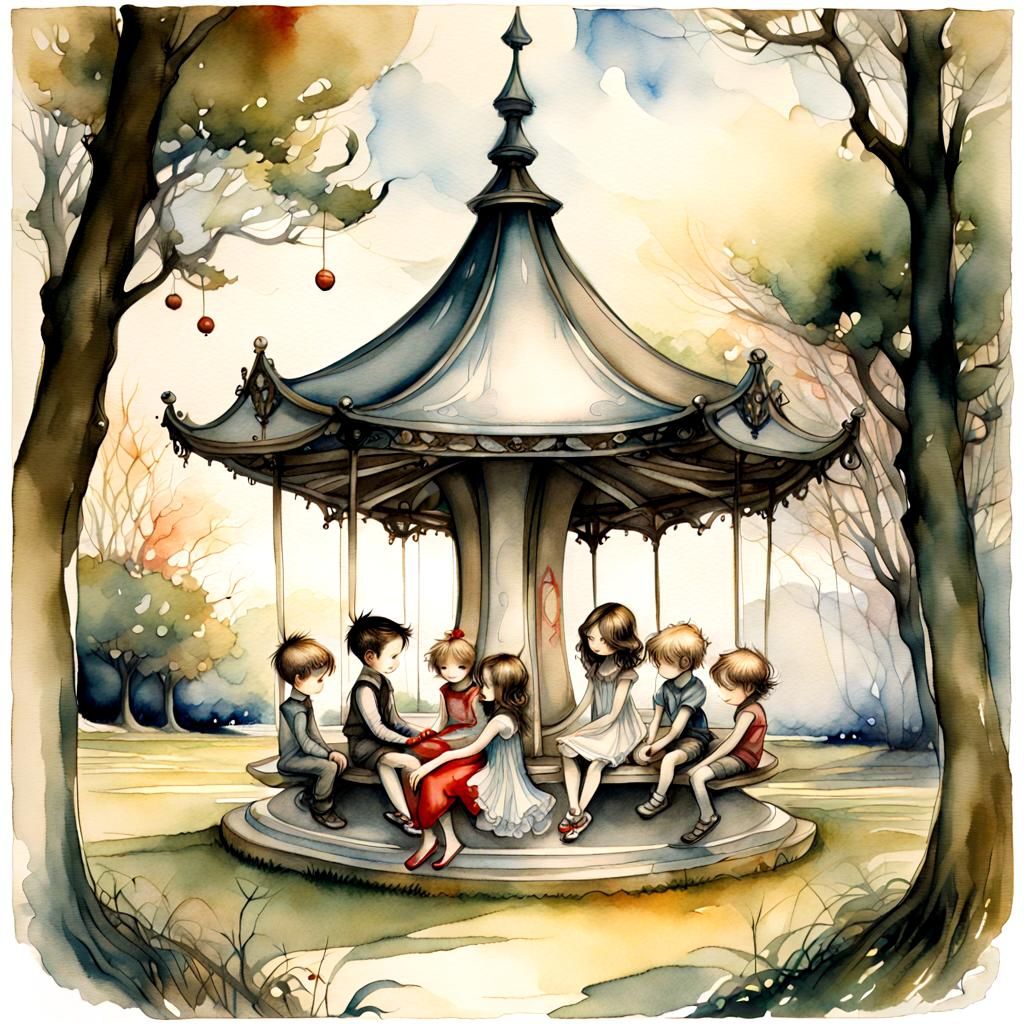 Children's Merry-Go-Round in Antique Watercolor Style