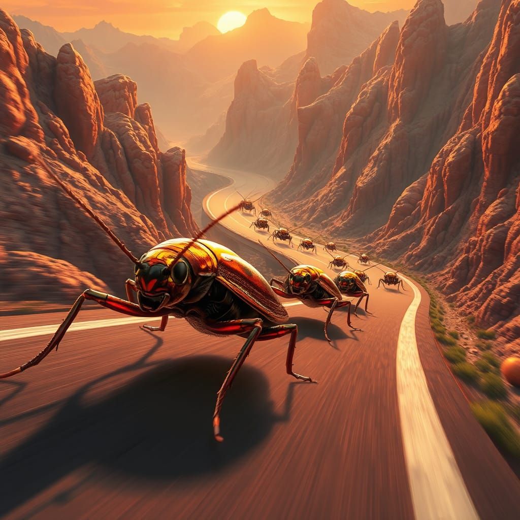 Cockroach Race at Sunset in Surreal Photorealistic Style