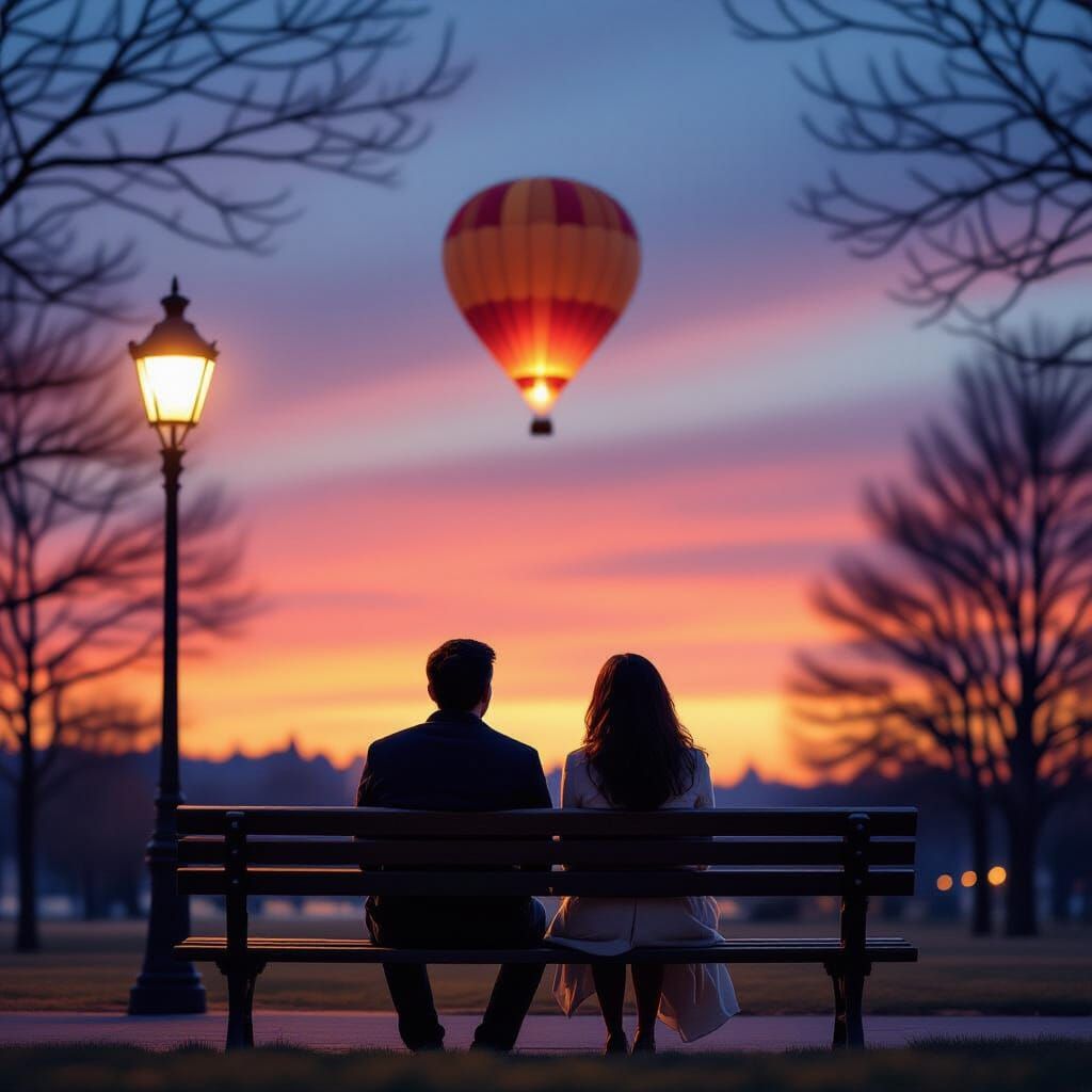 Couple on Bench Watches Hot Air Balloon at Twilight