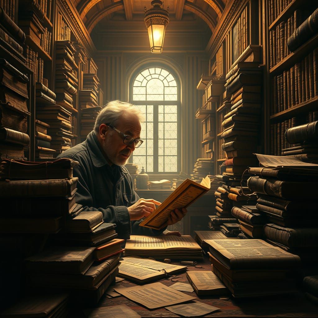 Introspective Scholar in a Haunting, Golden-Lit Library