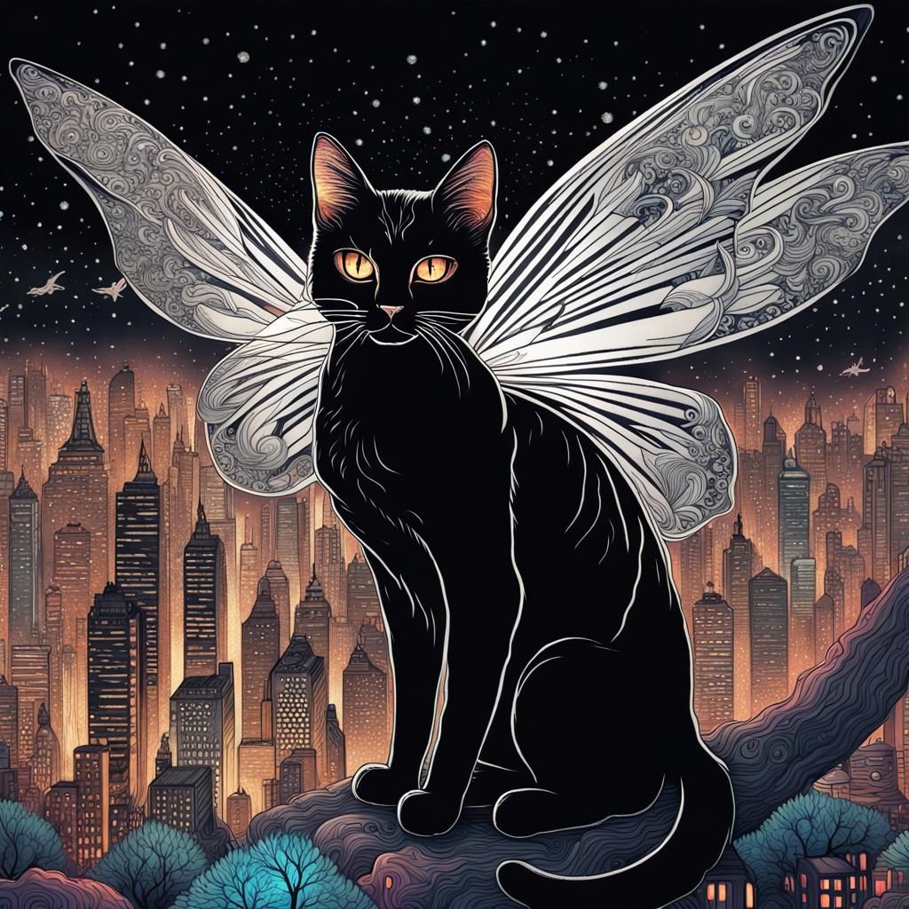 Winged Cat in Utopian City: Stipple Drawing