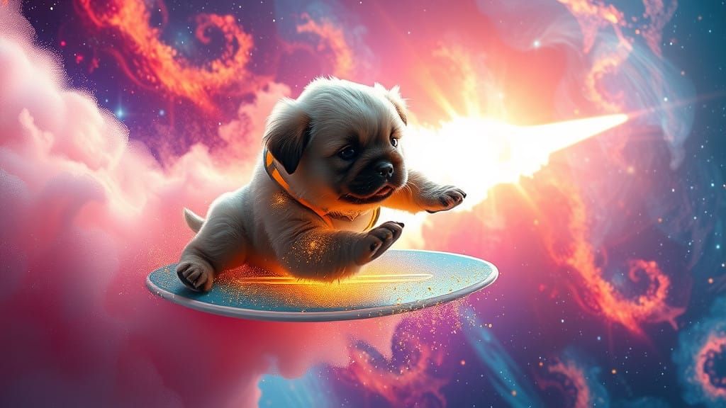 Cosmic Canine Surfer on a Glowing Comet Tail