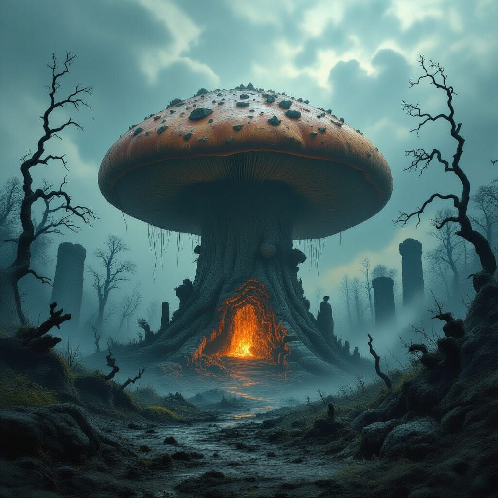 Volcanic Mushroom Horror Landscape in Biomechanical Surreali...