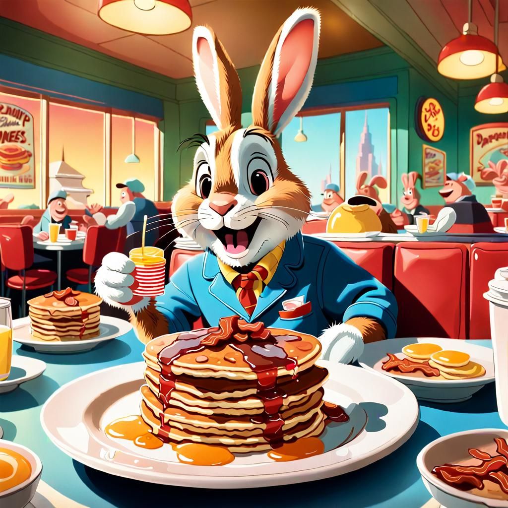 Cartoon Rabbit's Joyful Diner Breakfast