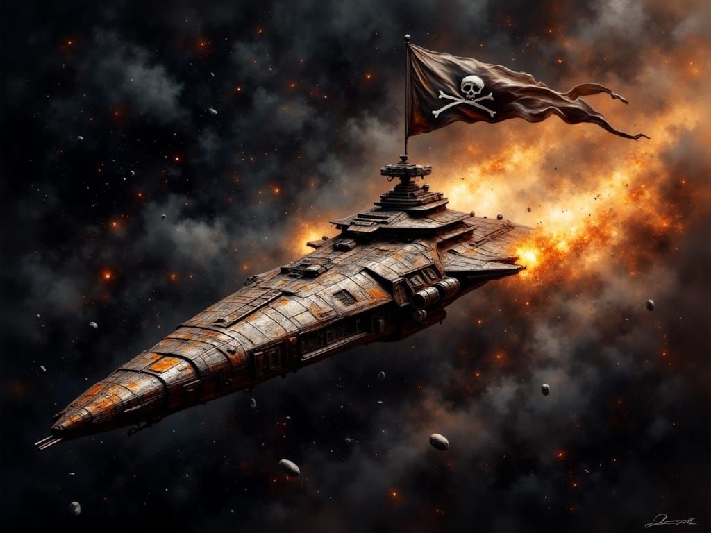 Rugged Space Pirate Vessel in Cosmic Grunge Style