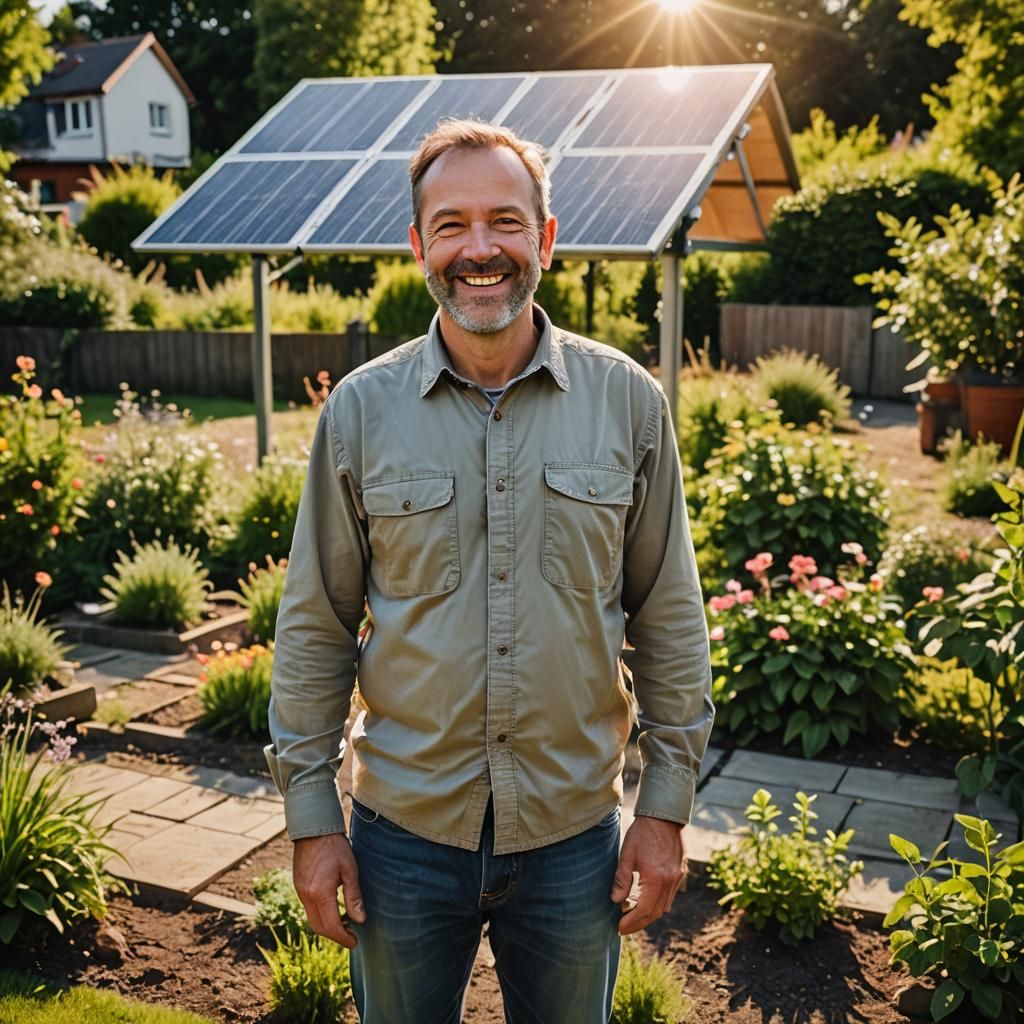 Smiling Man with Solar Panel: Hyper-Realistic Photography