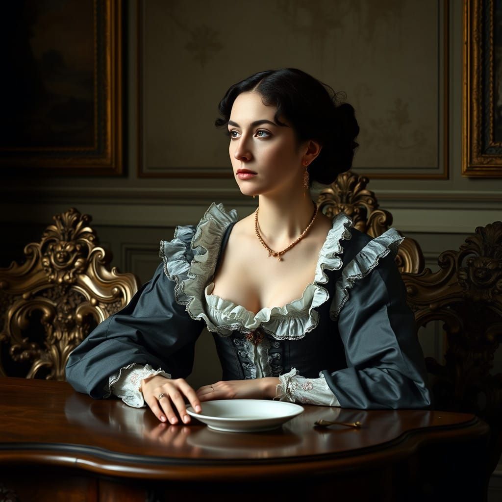 Baroque Lady Contemplates a Meager Meal in Luxurious Surroun...
