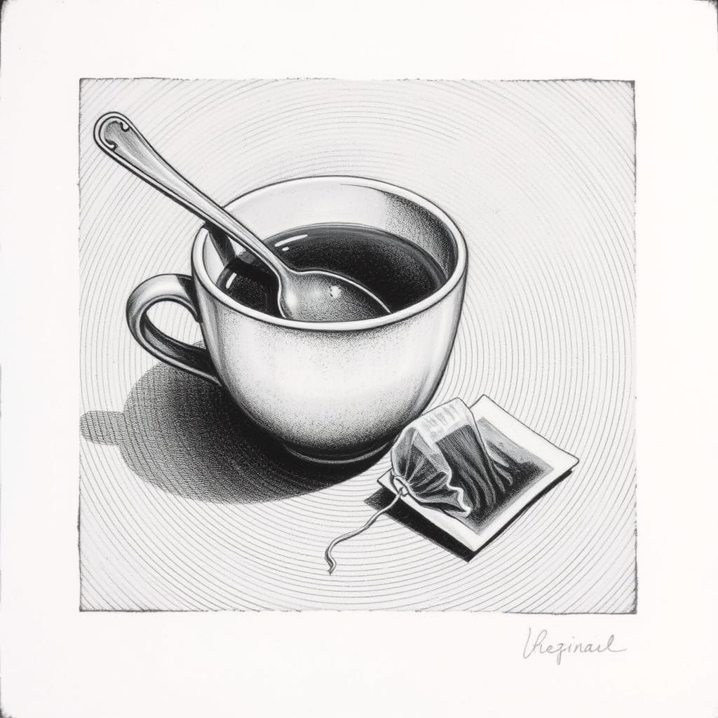 Etched Tea Time Scene in Intaglio Style