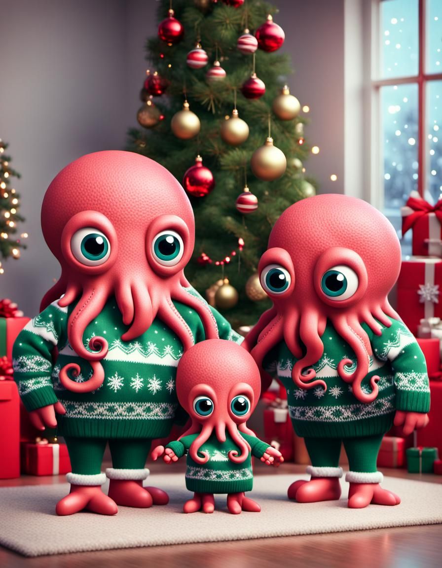 Cartoon Octopus Family Christmas Portrait