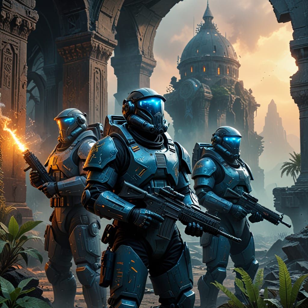 Muslim Soldiers Explore Alien Ruins in Sci-Fi Oil Painting