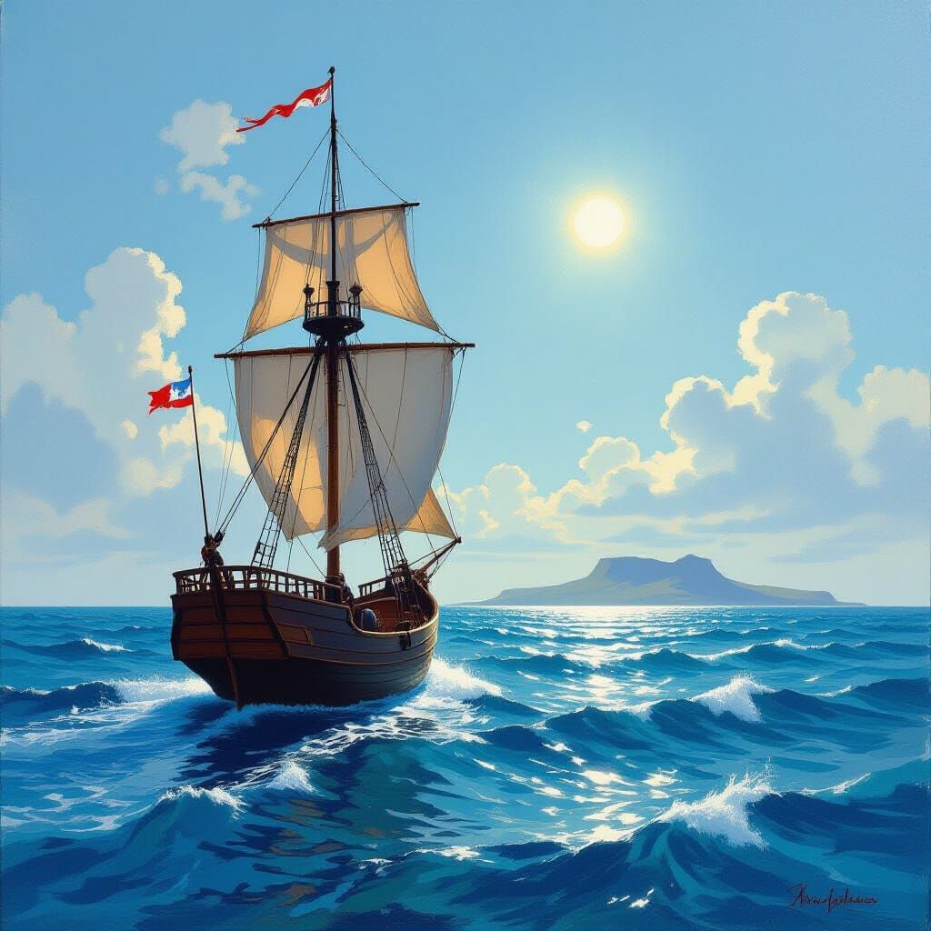 Caravel Approaches New Land in Dramatic Oil Painting Style