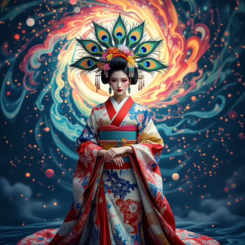 A vibrant surreal portrait features an otherworldly figure adorned with a colorful peacock feather headdress. Dressed in...