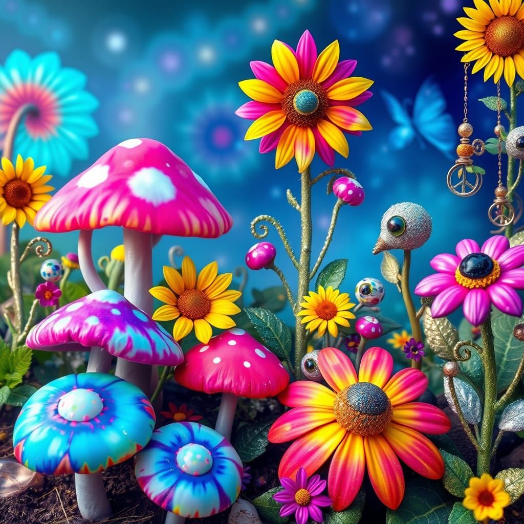 Vibrant Whimsical Garden in Tie-Dye Style