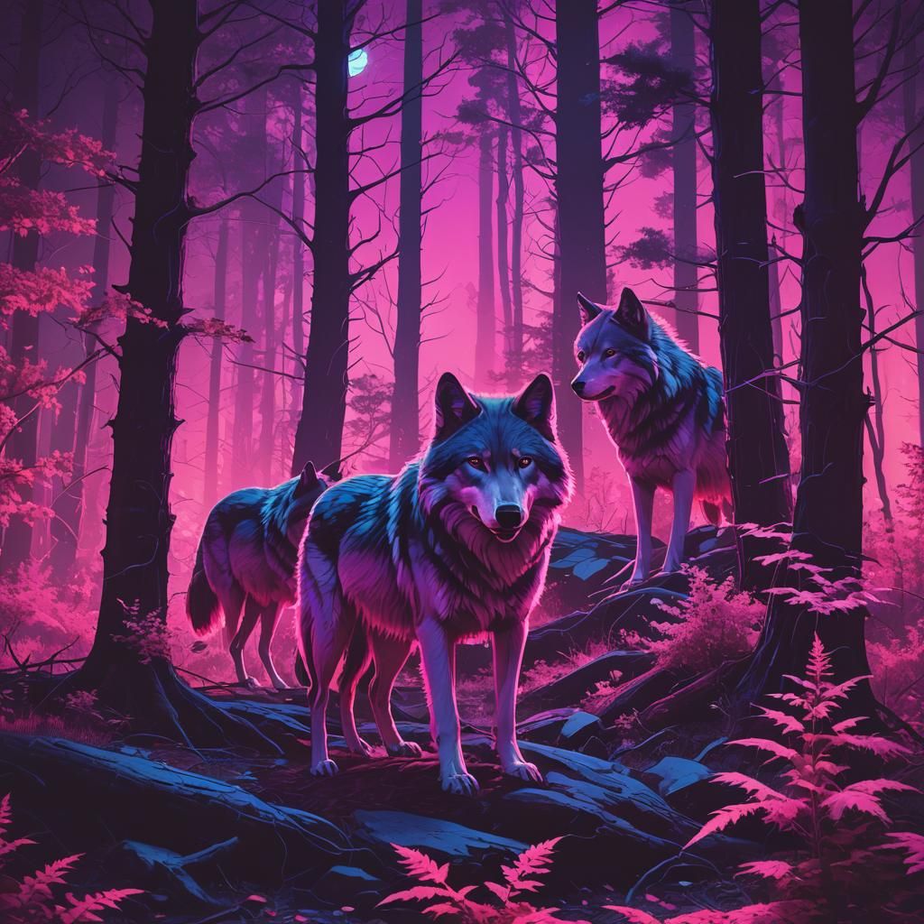 Synthwave Wolves in Ethereal Forest
