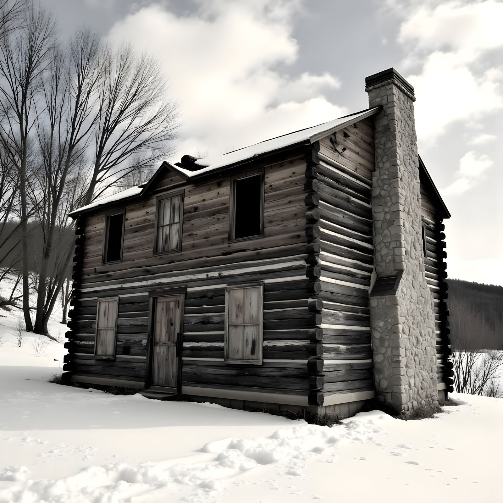 Dilapidated Log Cabin in Winter Landscape