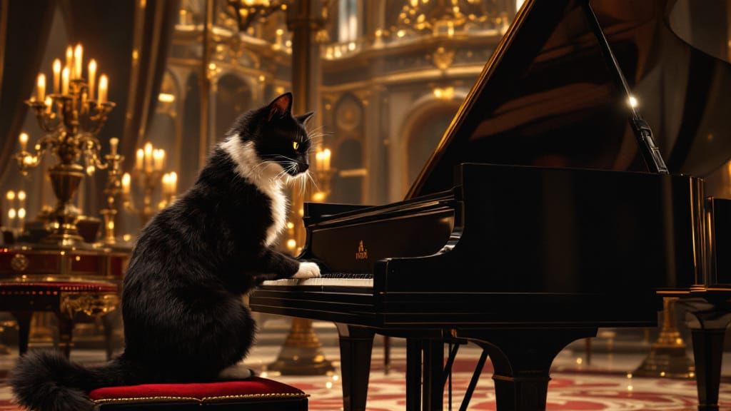 Tuxedo Cat Plays Piano in Opulent Concert Hall