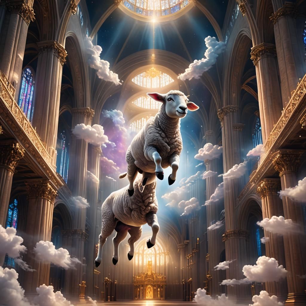Cloud Lamb in Heavenly Cathedral: Surreal Concept Art