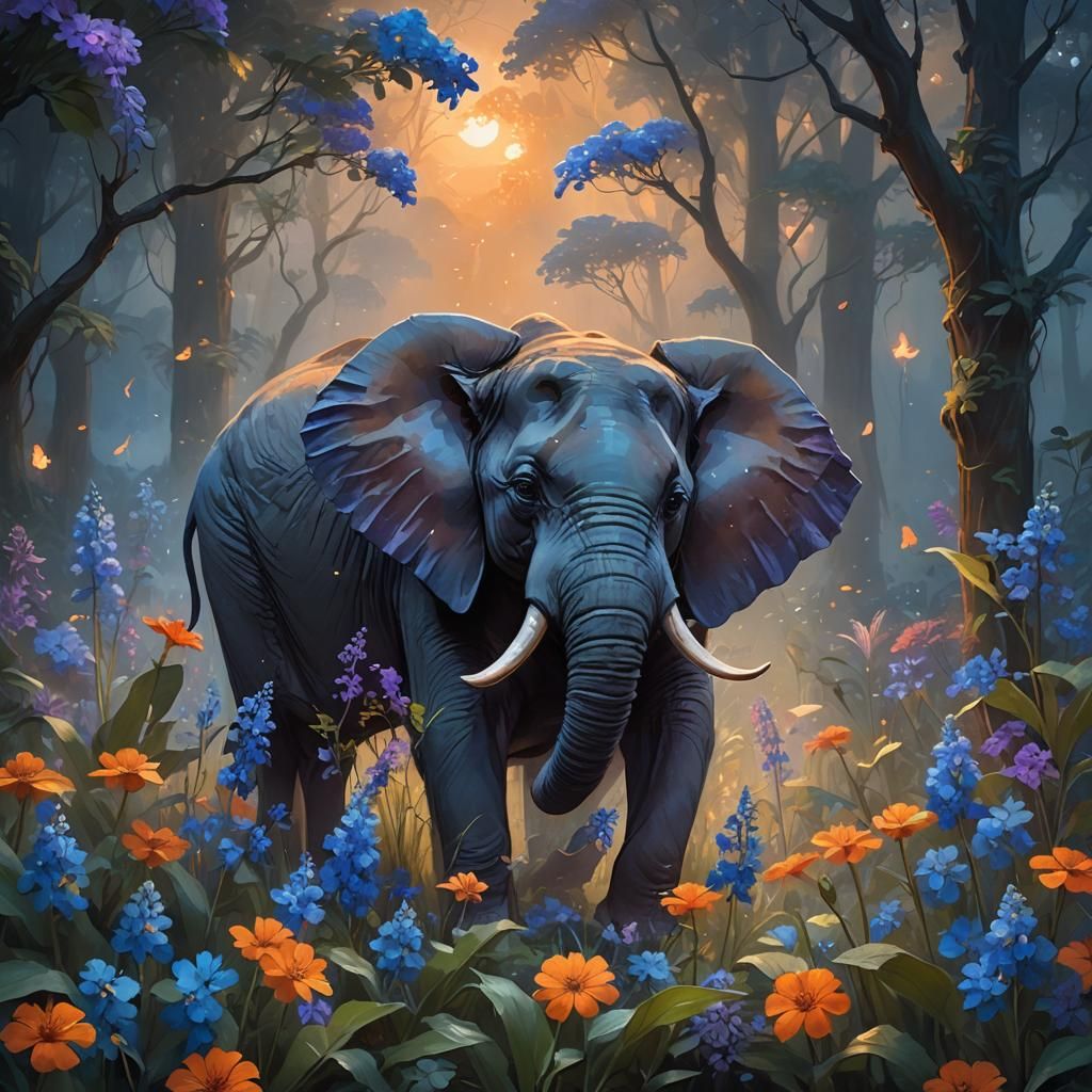 Elephant and Raccoon with Glowing Flowers in Jungle