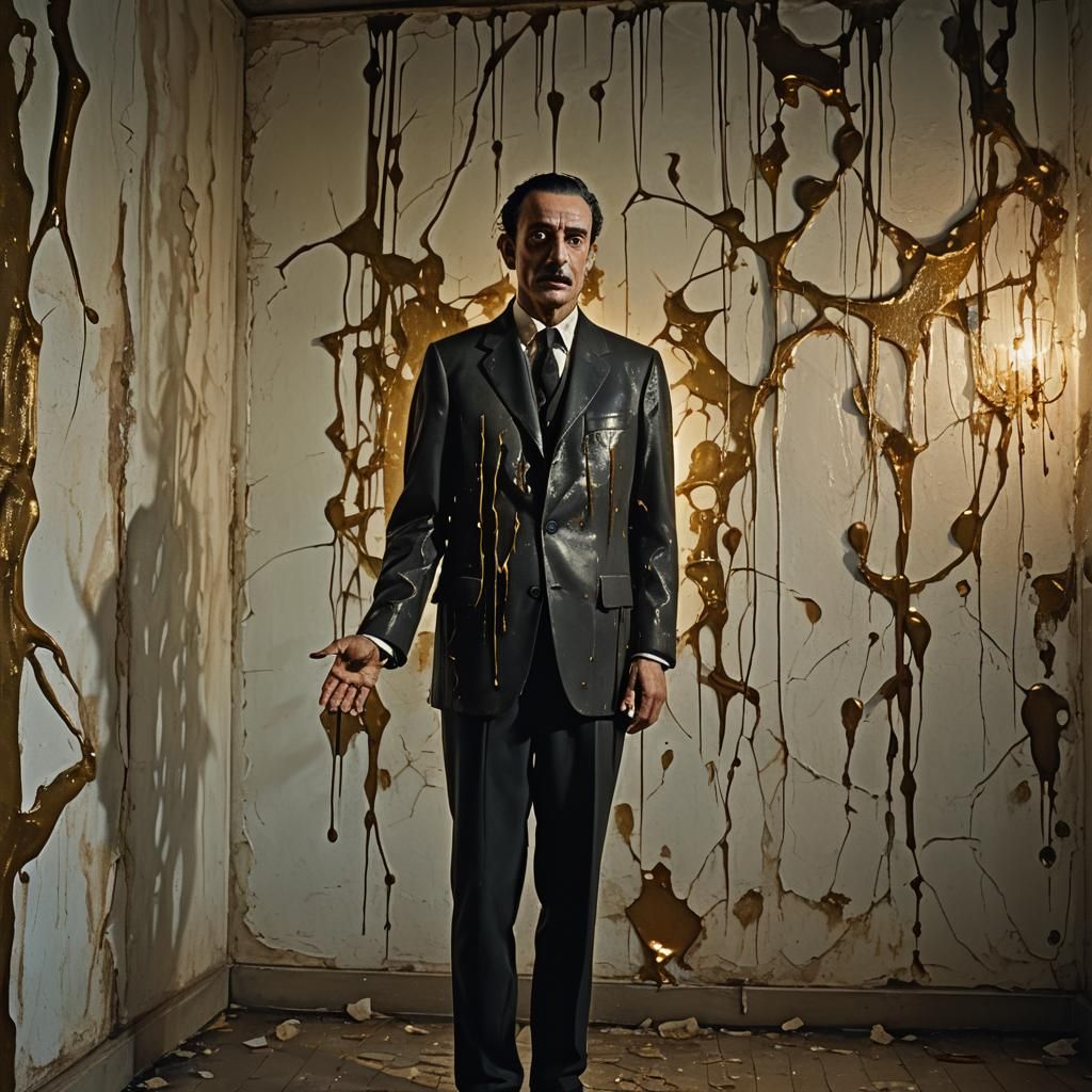 Eerie Wax Figure in Abandoned Hall: Surrealist Painting