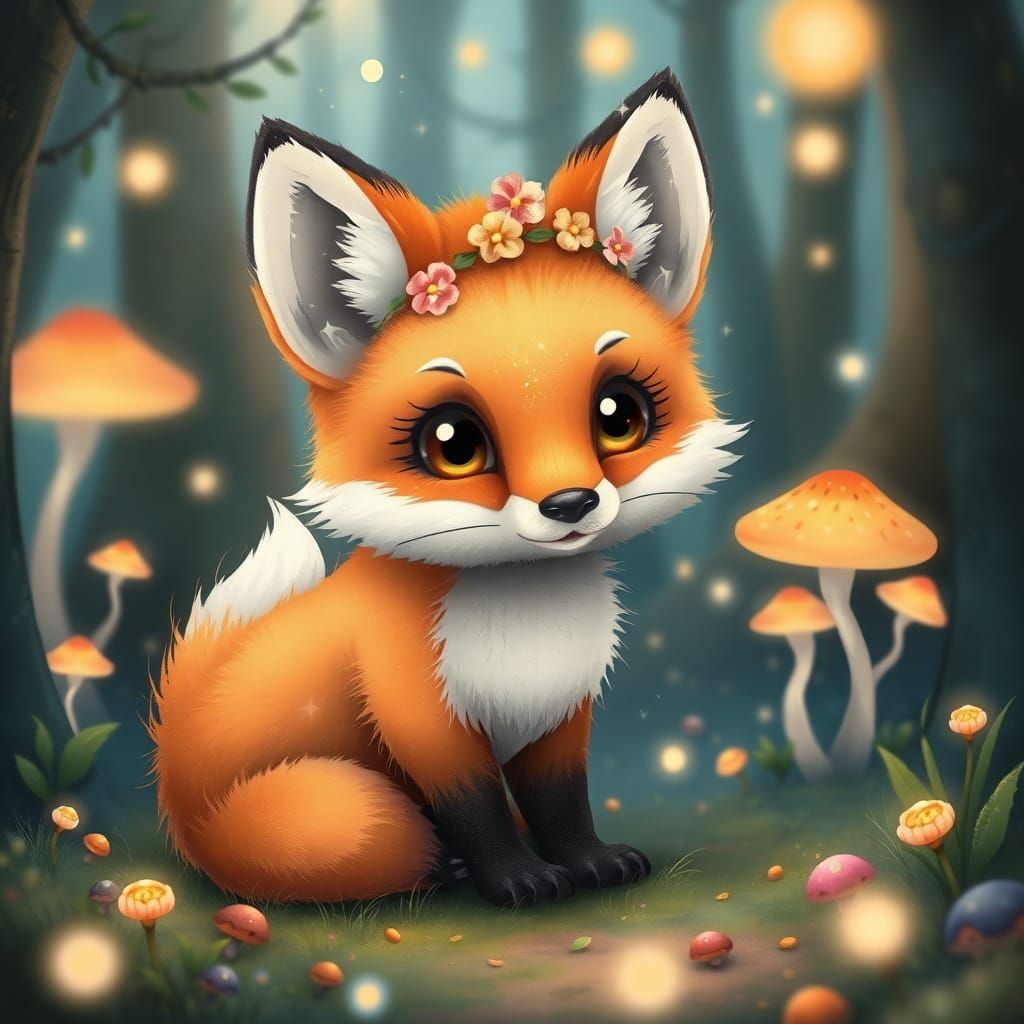 Baby Fox in Magical Forest, Kawaii Fantasy Style