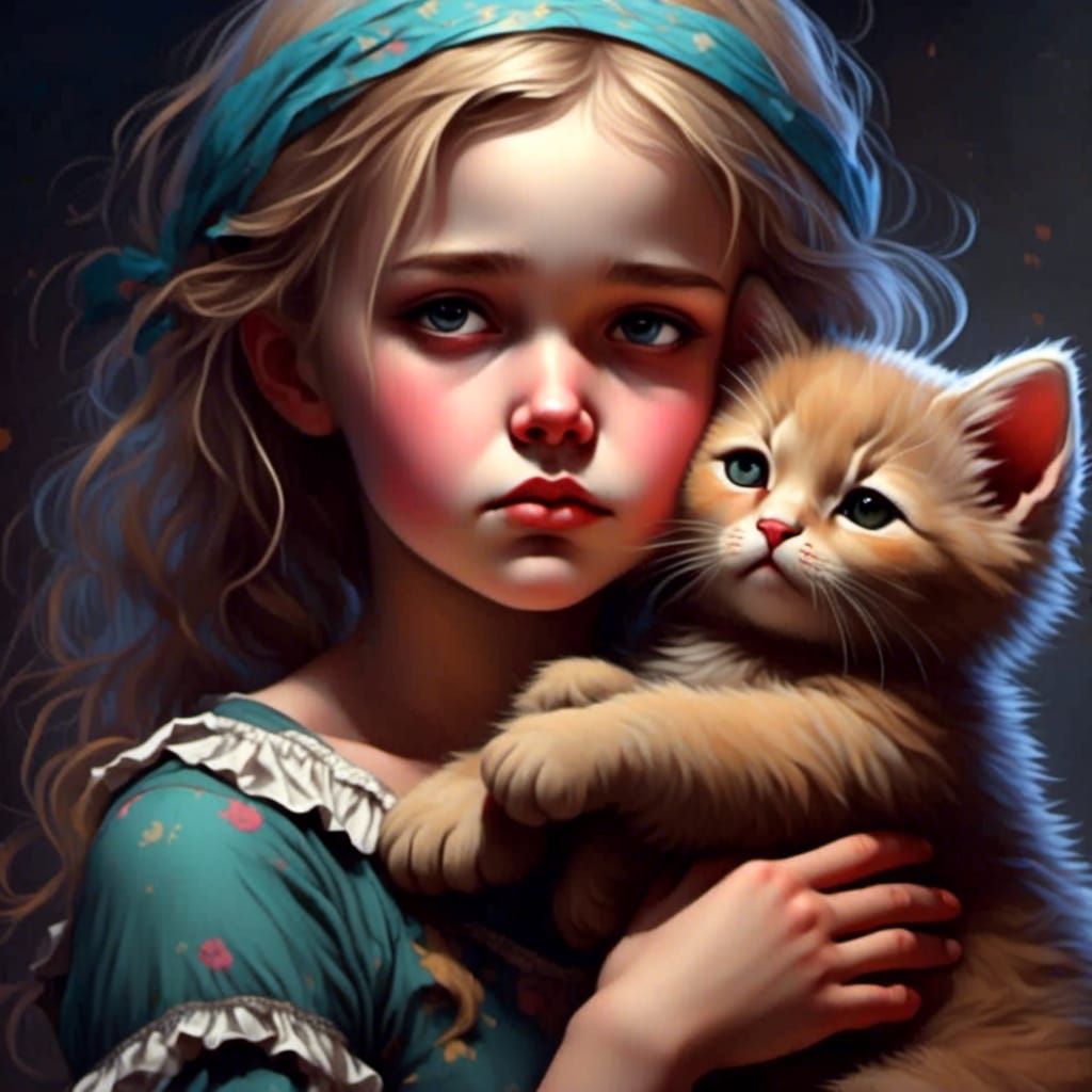 Sad Girl with Kitten in Acrylic Style