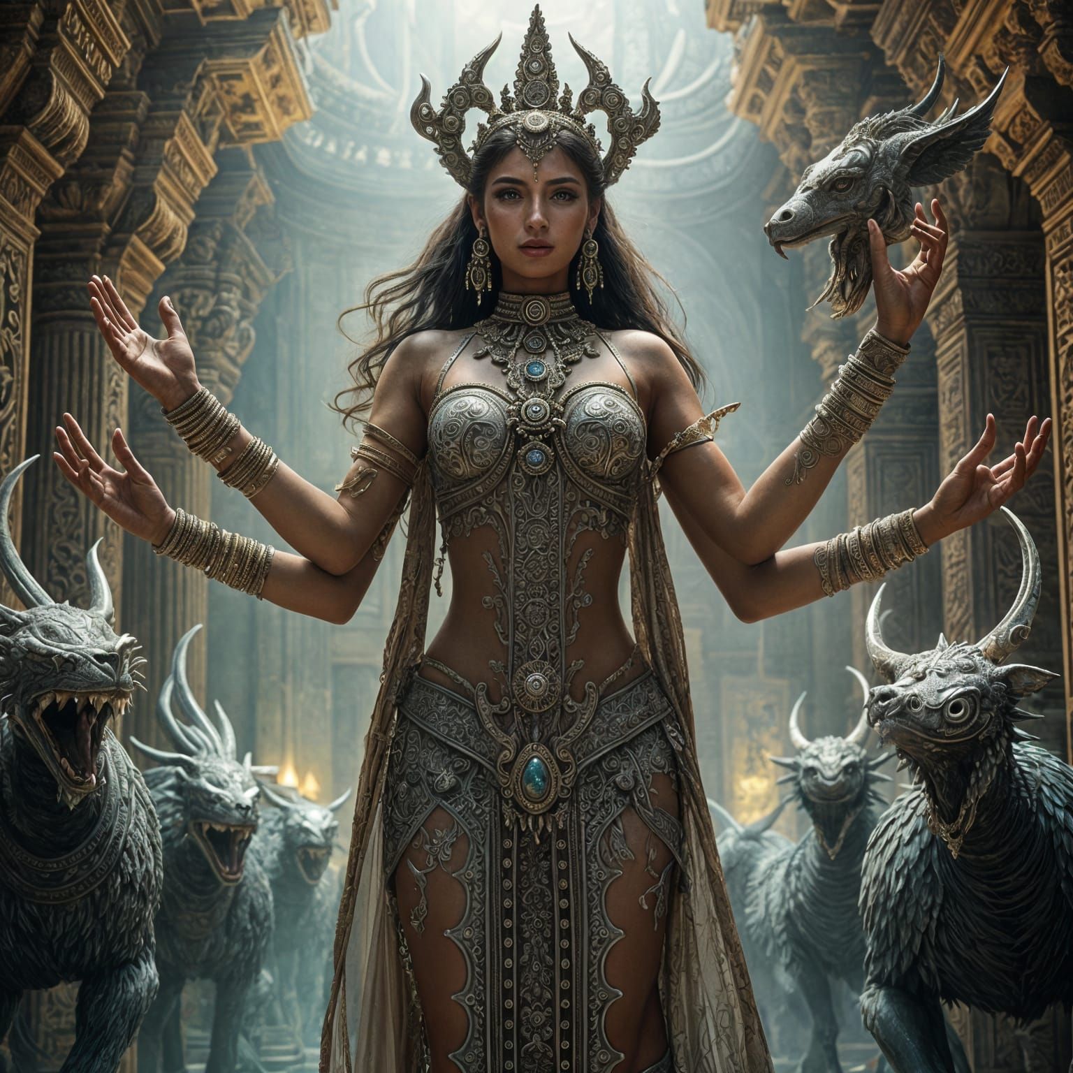 Hyperrealistic Four-Armed Woman in Ancient Temple