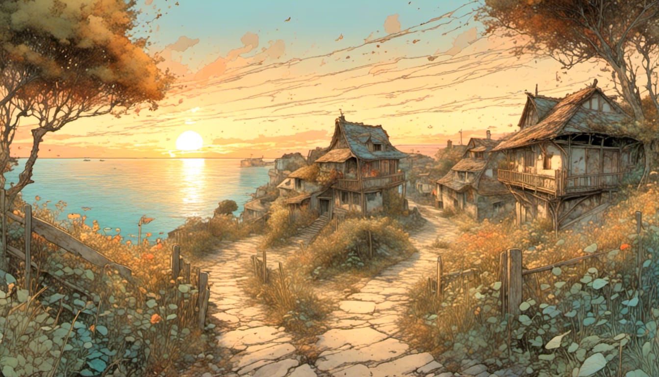 Sunset Over Seaside Village Path