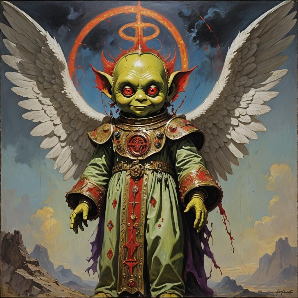 1970s Satanic Seraphim Angel Teletubby: Oil Painting