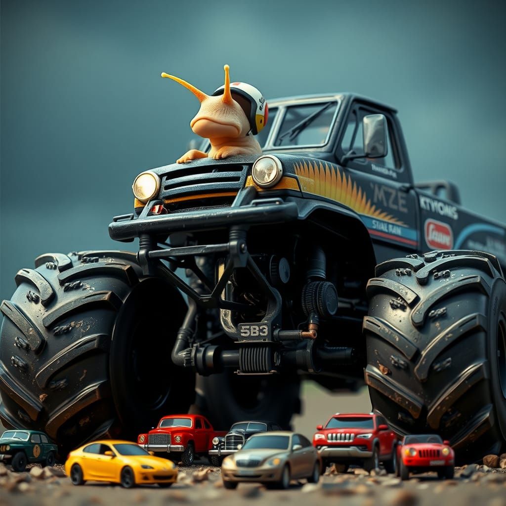 Snail Drives Monster Truck in Cinematic Realism