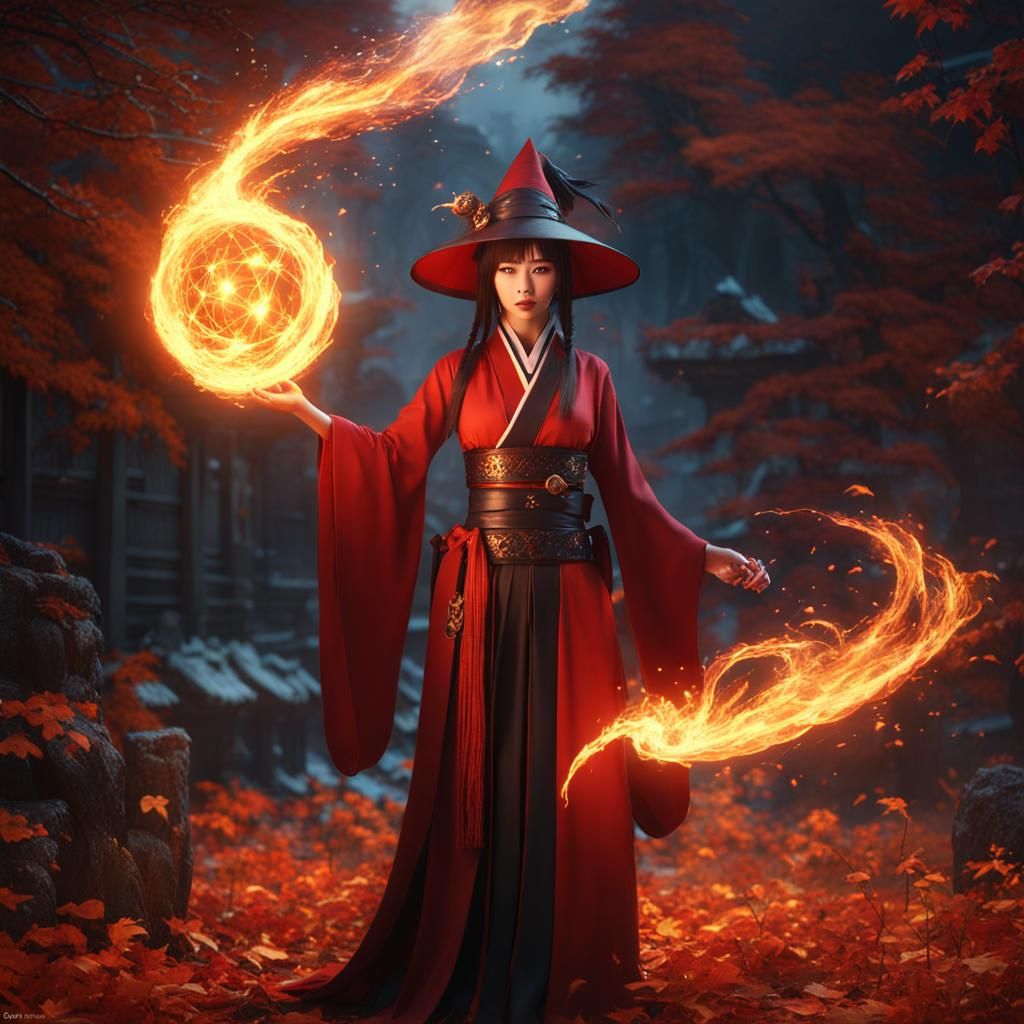 Japanese Witch Creates Fireball: Fantasy Art