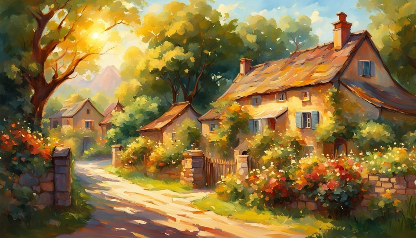 Idyllic Village in Summer Scenery as Impressionist Painting
