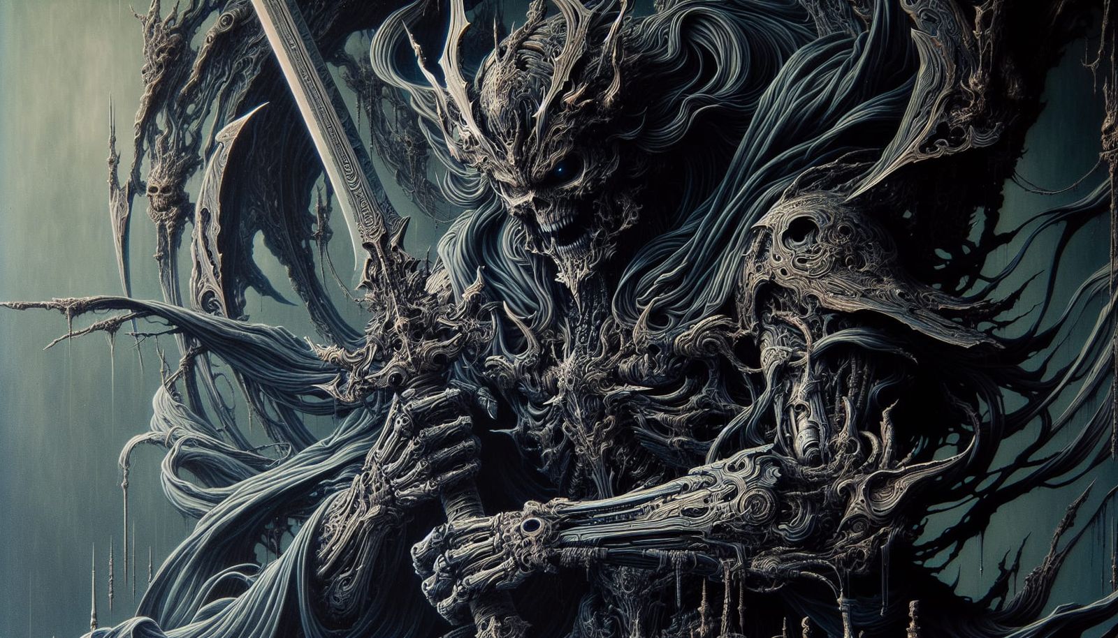 A highly detailed, close-up concept art of a figure gripping...