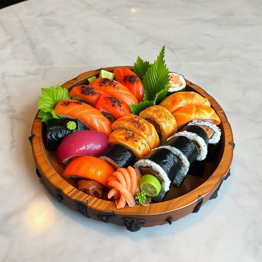 Artful Sushi Still Life on Wooden Platter