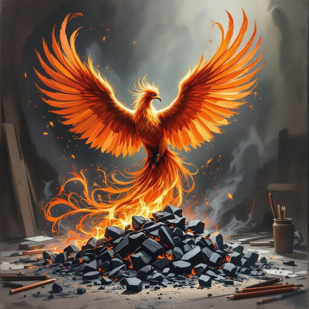 Majestic Phoenix Rises From Charcoal Sketches in Dark Fantas...