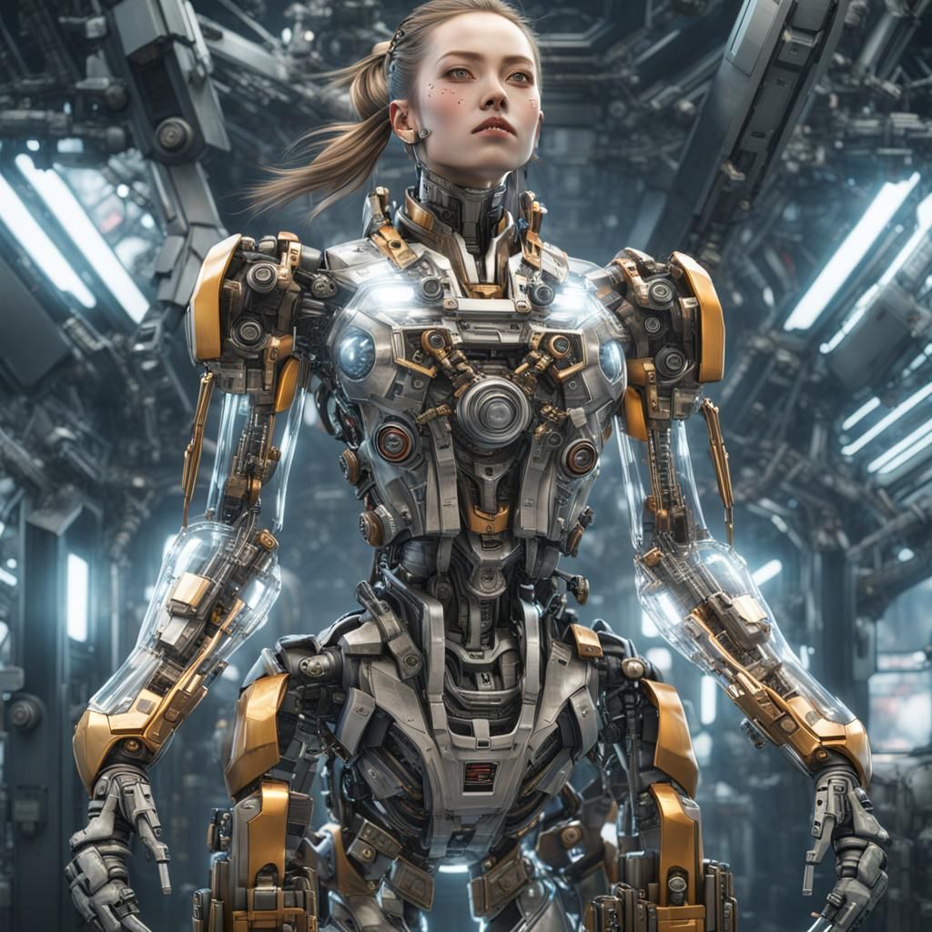 Woman in Mech Suit with Cyberpunk Cityscape