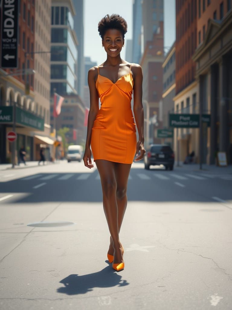 Ultra-Realistic Photo of Woman in Orange Dress on City Stree...