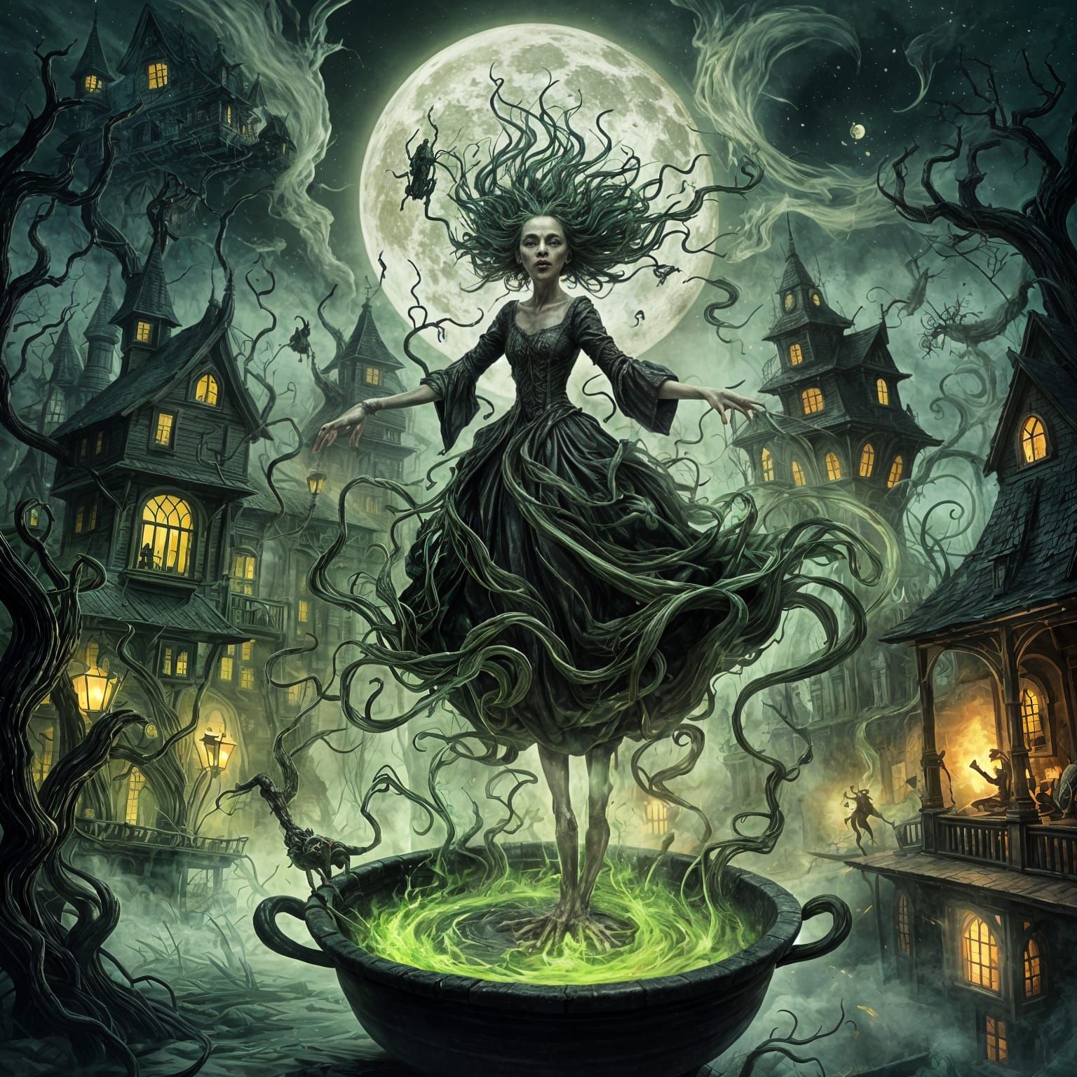 Grotesque Witch Dissolving into Abstract Nightmarish Terror