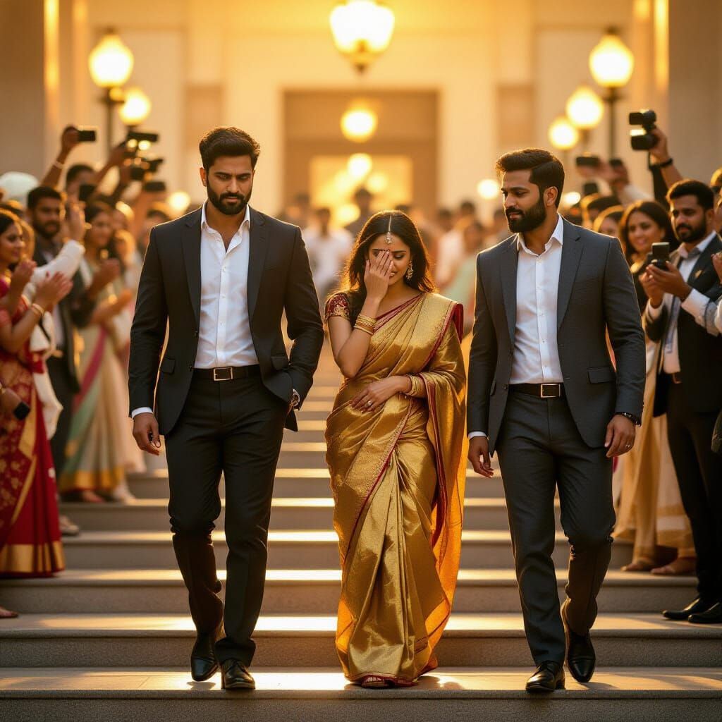 Man and Woman Exit Courthouse in Dramatic Sunlight