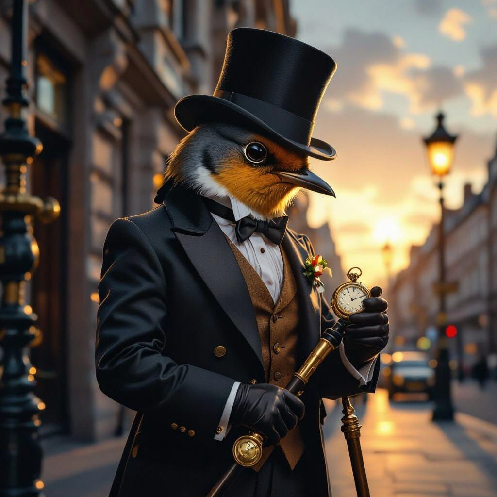 Anthropomorphic Robin Gentleman in London, Oil Realism
